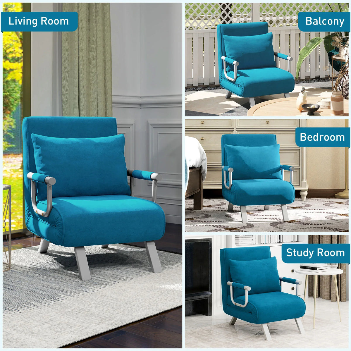 Blue chair bed with armrests and adjustable backrest, shown in multiple positions