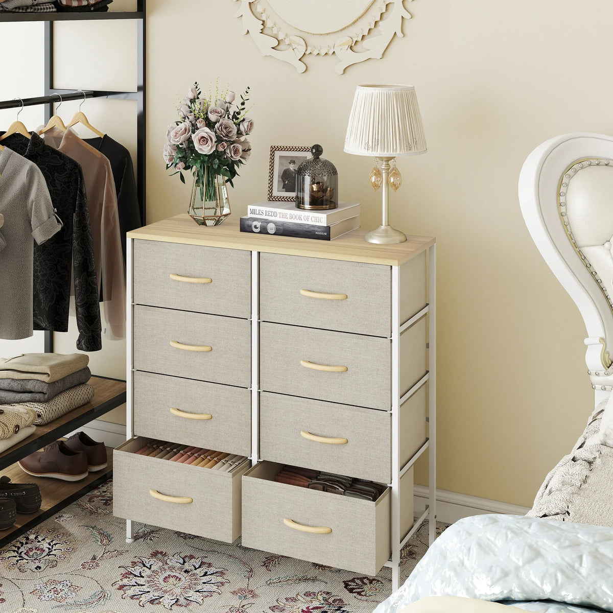 Fabric chest of drawers with eight gray fabric drawers, wood top, and white steel frame