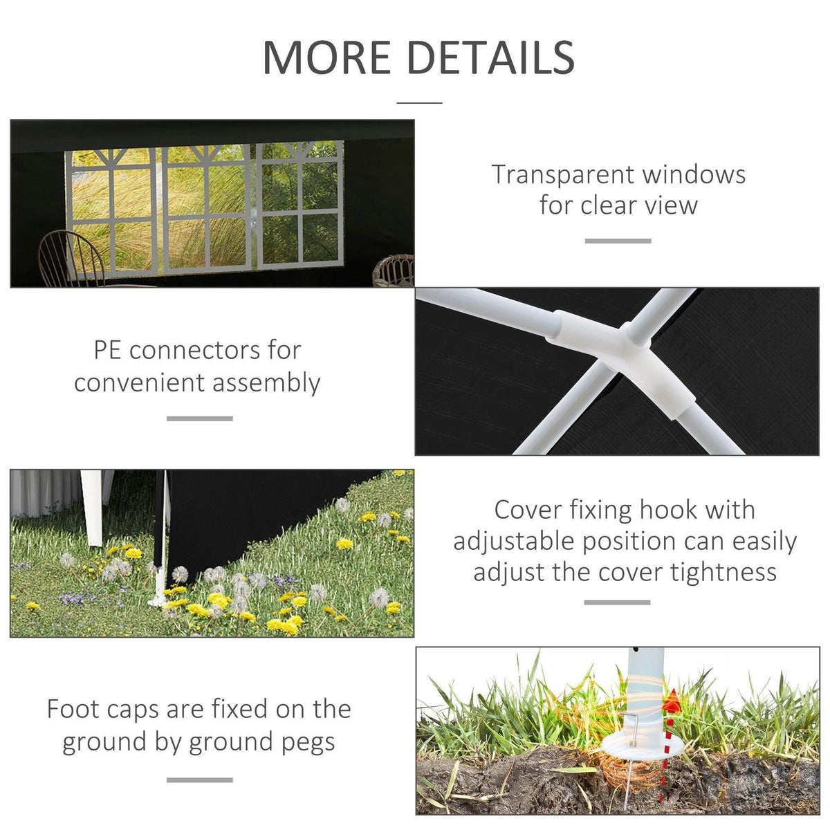 Garden gazebo tent details: clear window panels, PE connectors, cover hooks, ground pegs