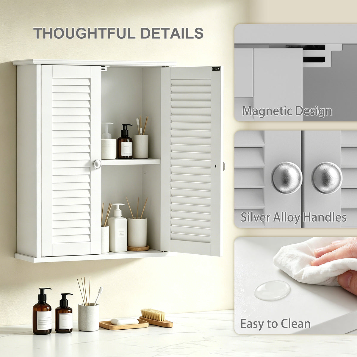 White bathroom cabinet with louvered doors open, silver round handles