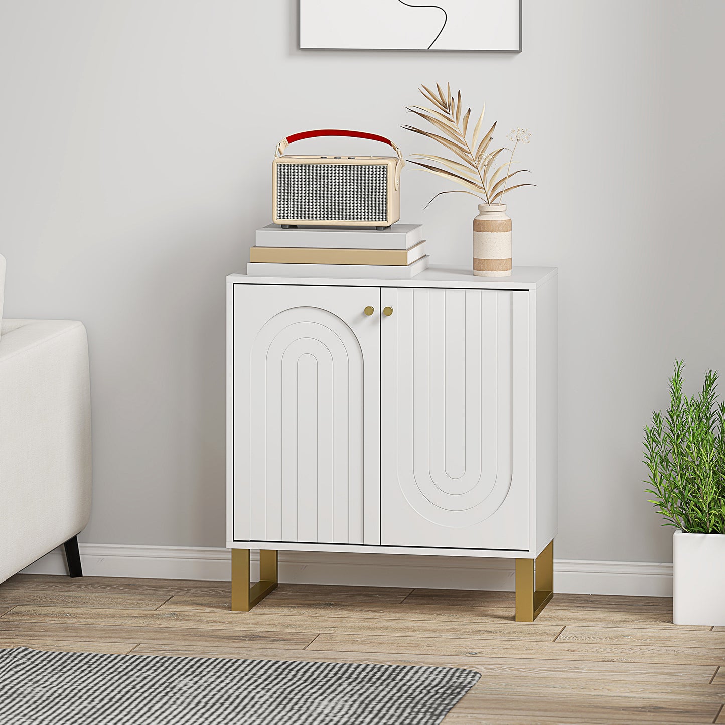 HOMCOM 2 Door Sideboard Storage Cabinet White Adjustable Three Level Shelf Arched Doors And Golden Accents Living Room