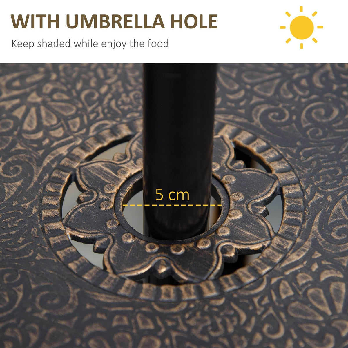 Bronze outdoor table umbrella hole base with 5 cm opening and metal collar