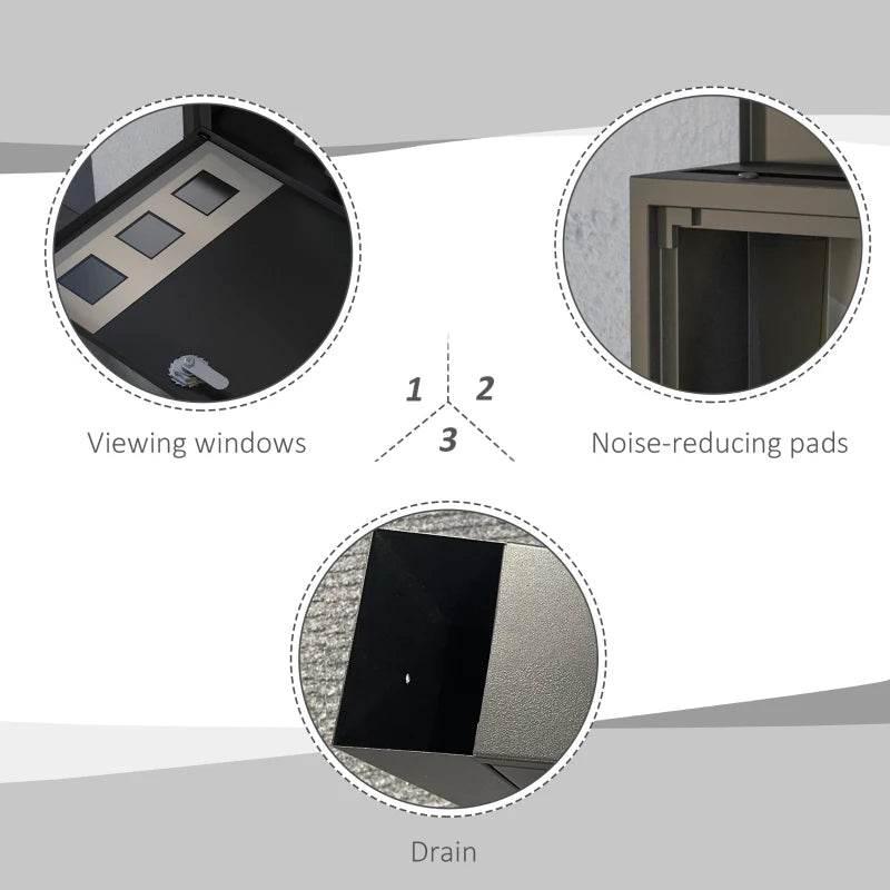 Black mailbox diagram showing viewing windows, drain, and noise-reducing pads