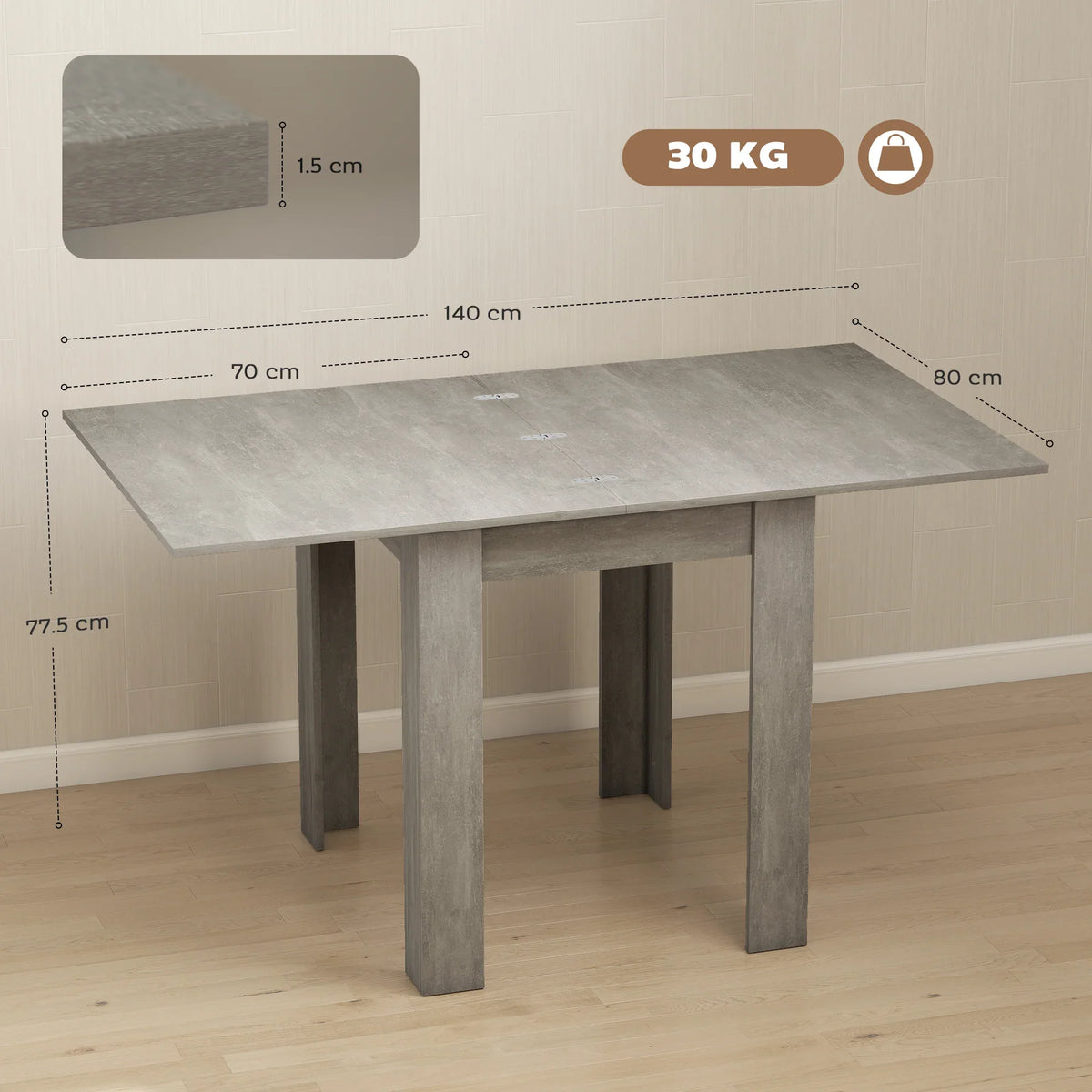 Grey extendable dining table with drop-leaf extensions and sturdy leg frame