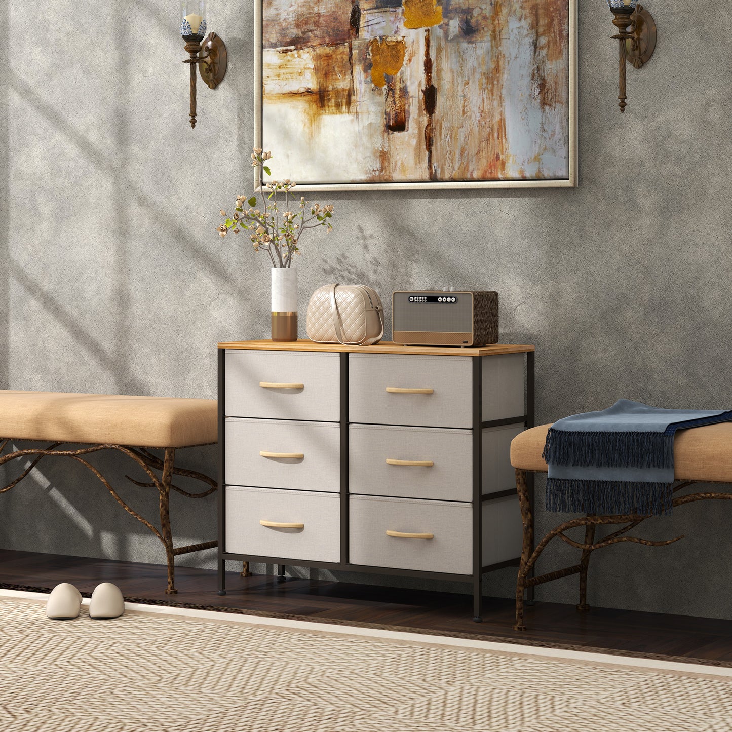 HOMCOM Fabric Chest With 6 Drawers Steel Frame Wooden Top Cream White For Nursery Living Room Hallway
