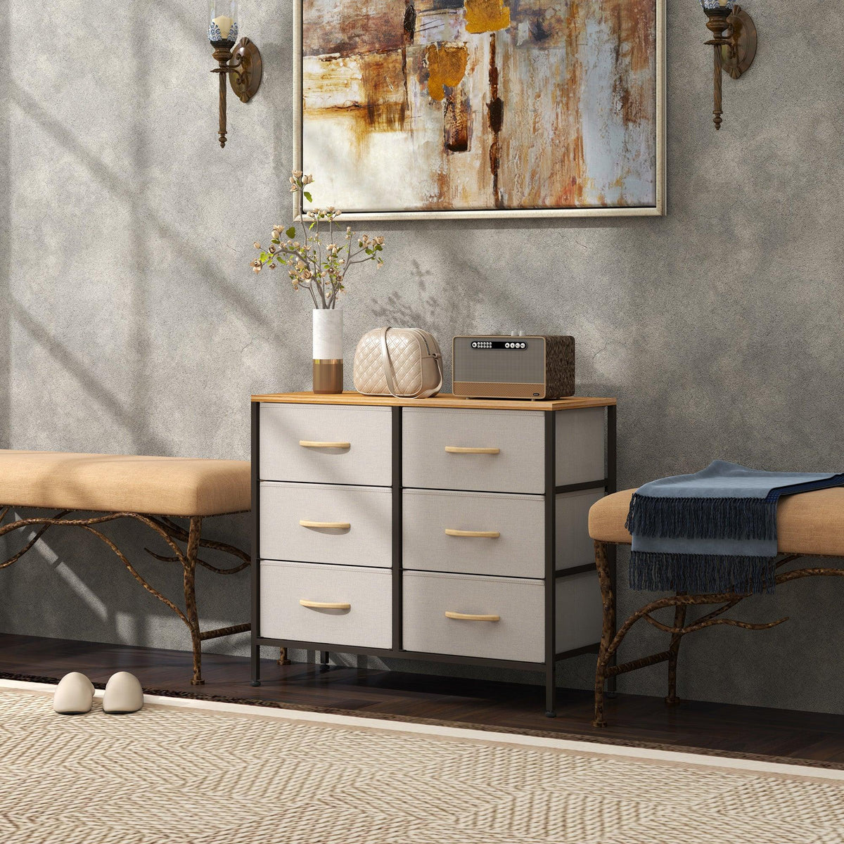 Cream fabric 6-drawer dresser with wooden top and gold-tone handles, steel frame cabinet