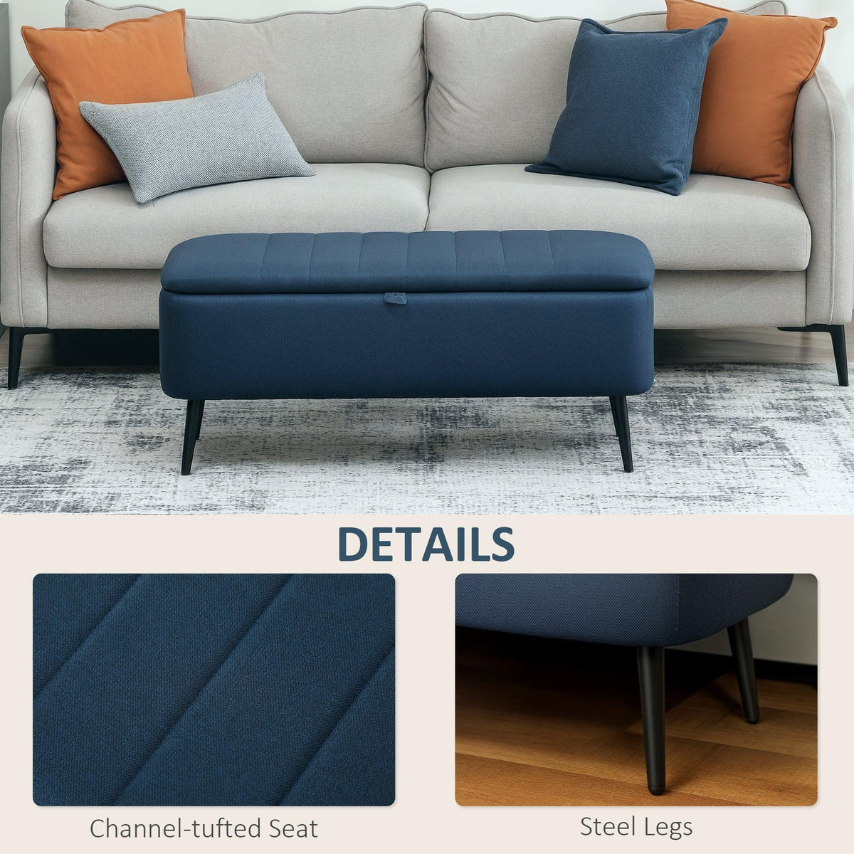 Dark blue storage ottoman on legs, channel-tufted seat and padded lid