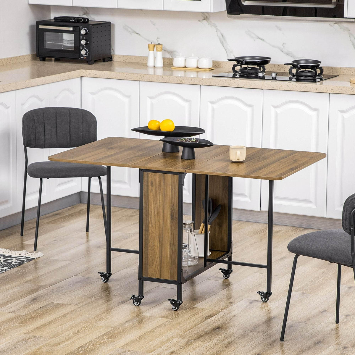 Expandable folding dining table with storage, brown wood top and black metal frame, casters
