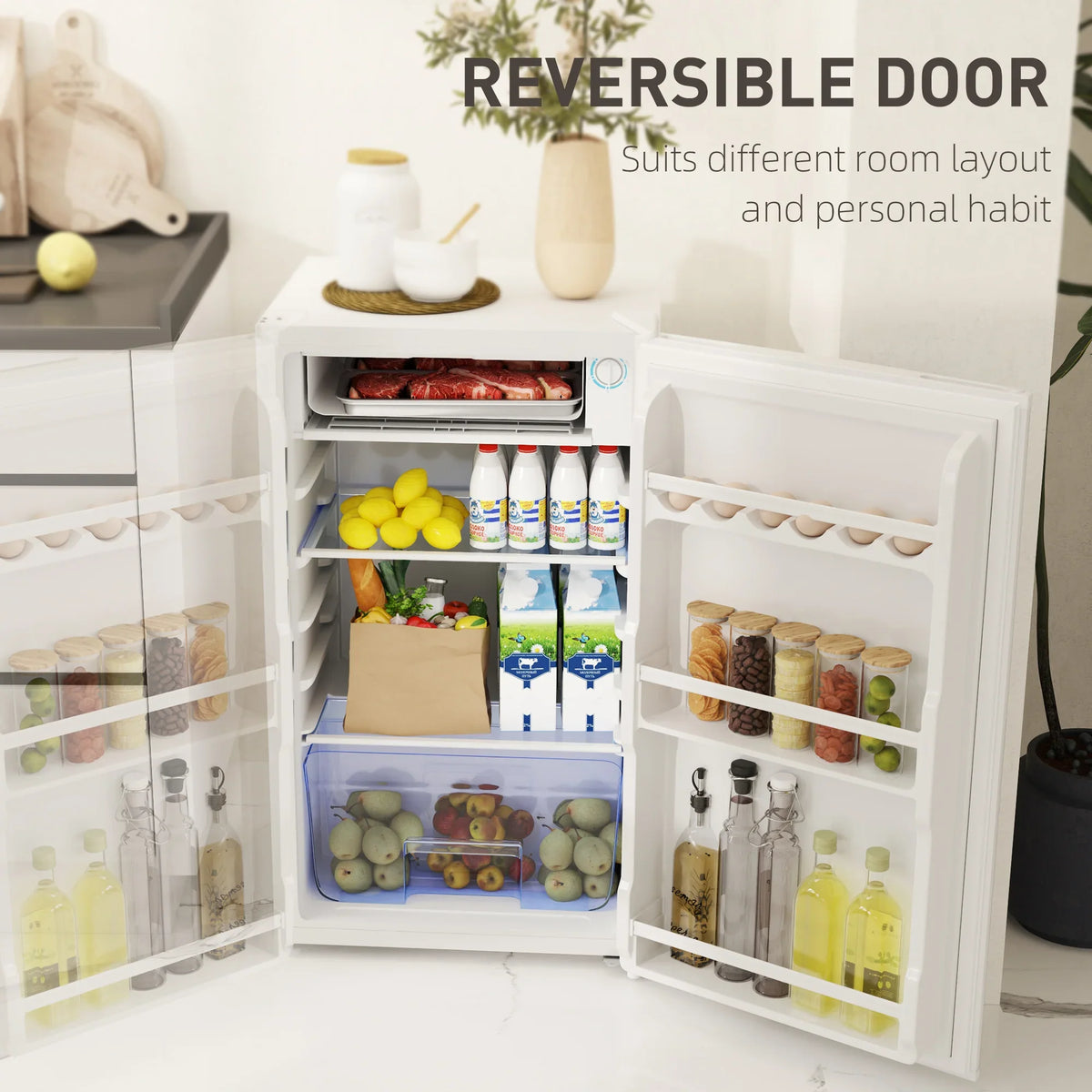 White fridge with door open showing multiple storage racks