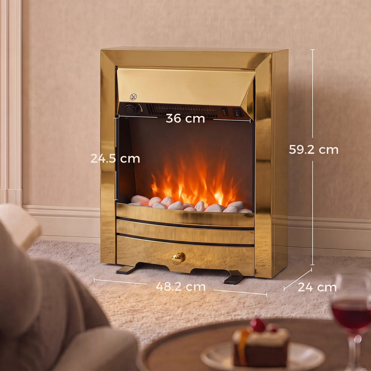 Compact electric fireplace stove with LED flame, brass frame, feet, and front panel