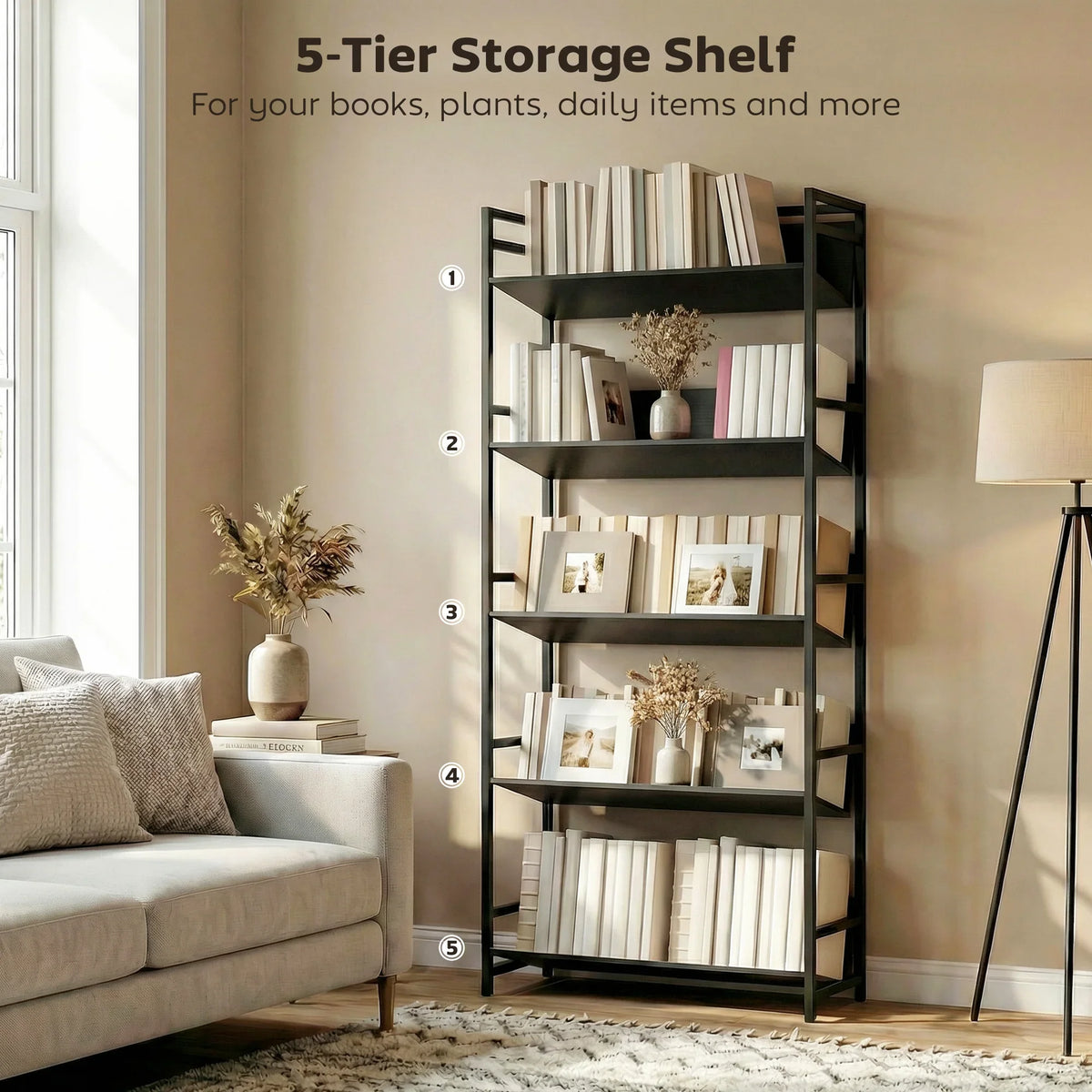 Black 5-tier storage shelf with open shelves holding books, plants, and small decor