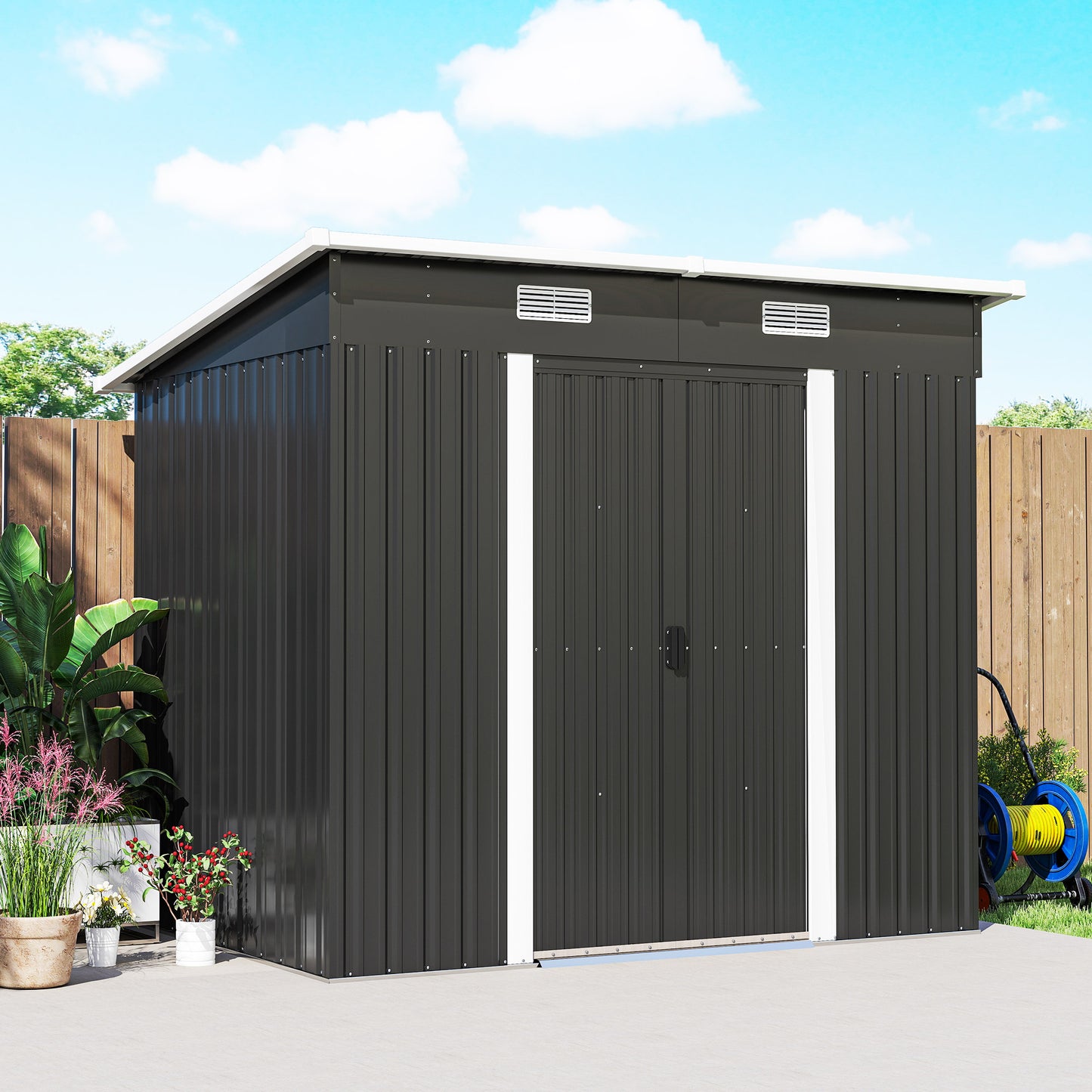 Outsunny 7x4ft Outdoor Storage Shed With Foundation Kit Lean To Metal Garden Shed For Log Rubbish Bin Tool Bike Black