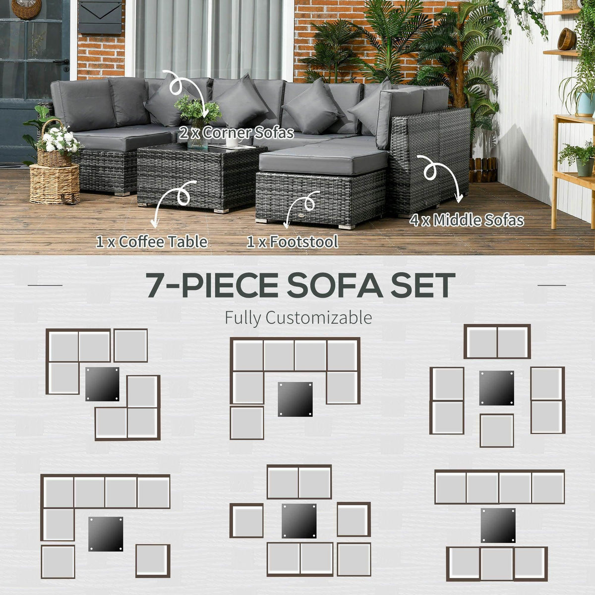 Grey rattan outdoor sectional sofa set with corner and middle seats plus table