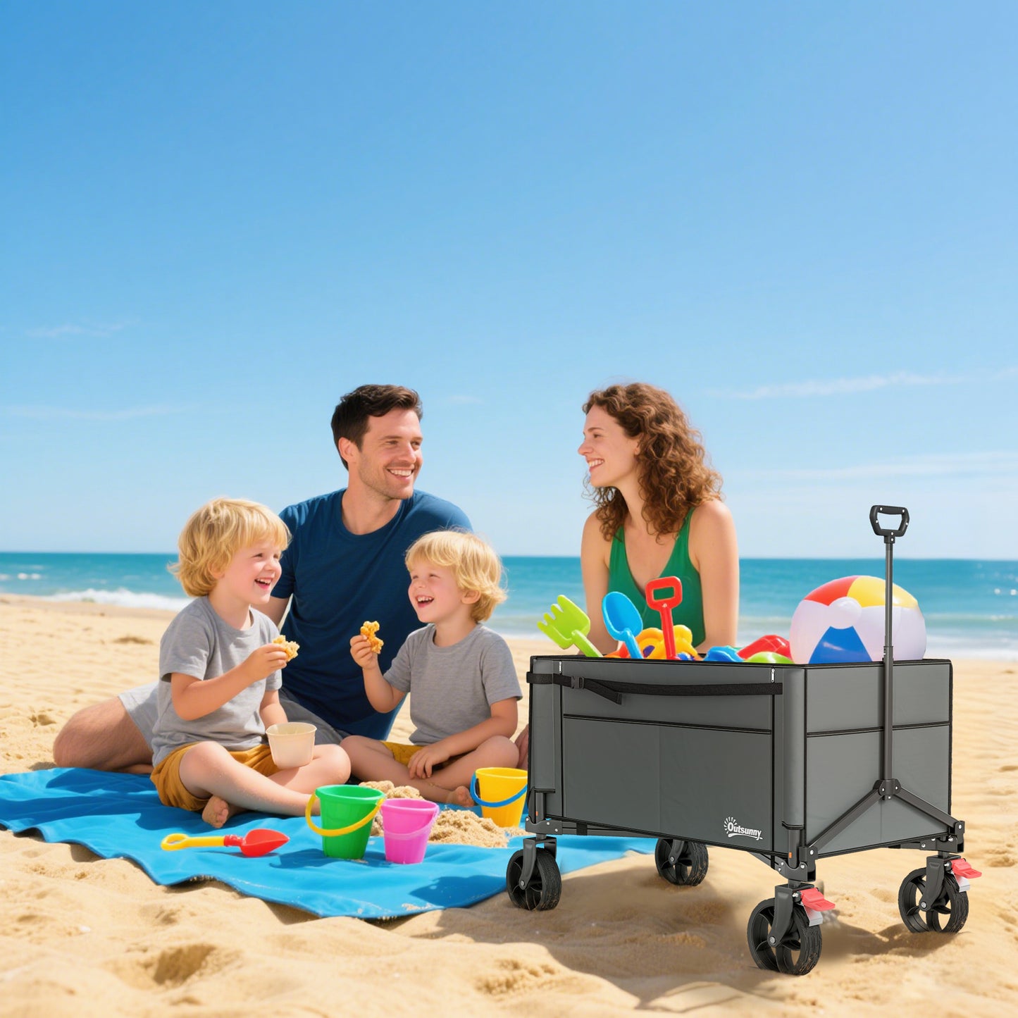Outsunny 150L Folding Camping Trolley Cart Openable Sides Adjustable Handle Brakes for Shopping, Beach, Garden, Fishing