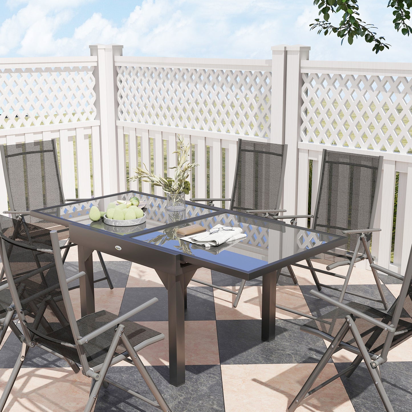 Outsunny 7 Piece Outdoor Dining Set With Extendable Table And 6 Folding Chairs For Patio Balcony Deck Grey