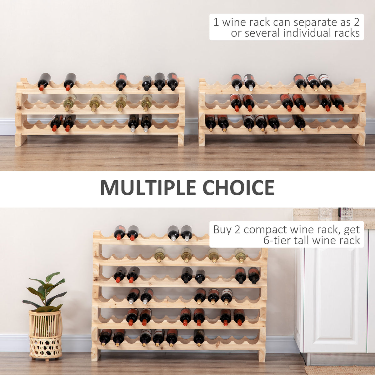 Two compatible wooden wine racks side by side, each with three curved bottle rows