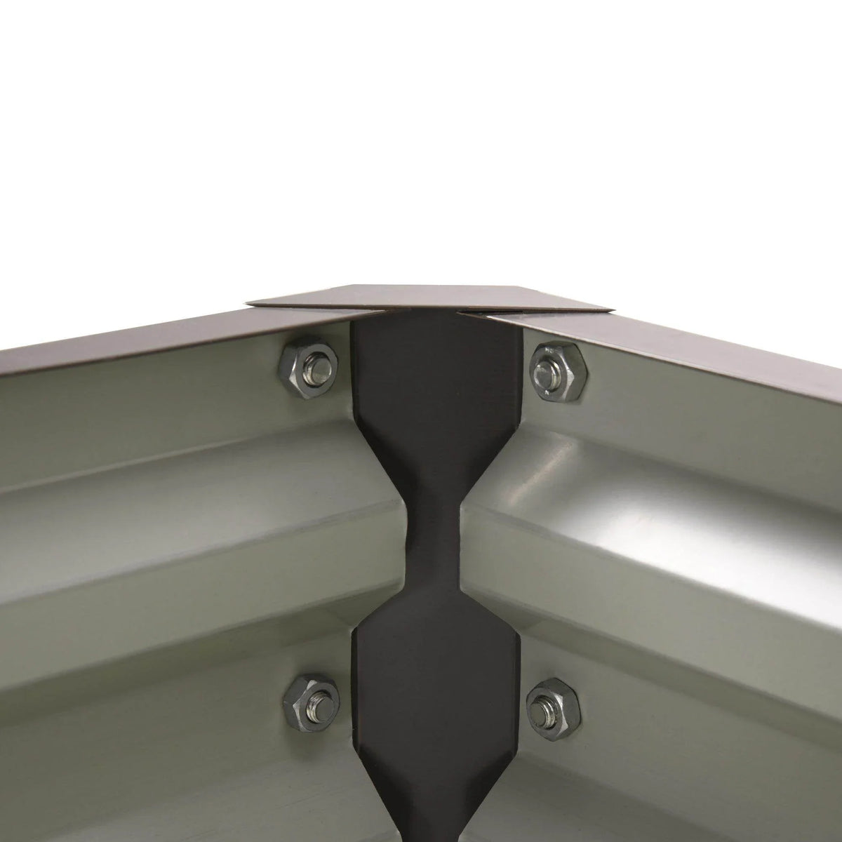 Light grey raised garden bed corner joint with screws and interlocking steel frame