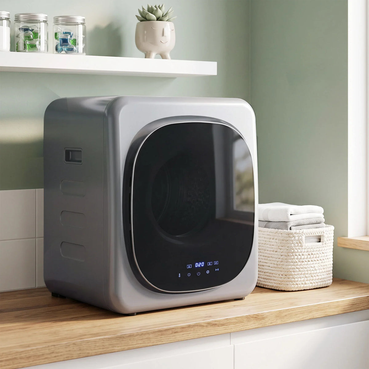 Compact vented tumble dryer with silver body and dark door window