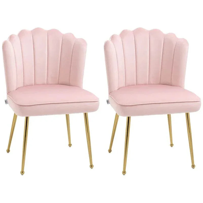 Pair of pink shell dining chairs with velvet upholstery and gold metal legs