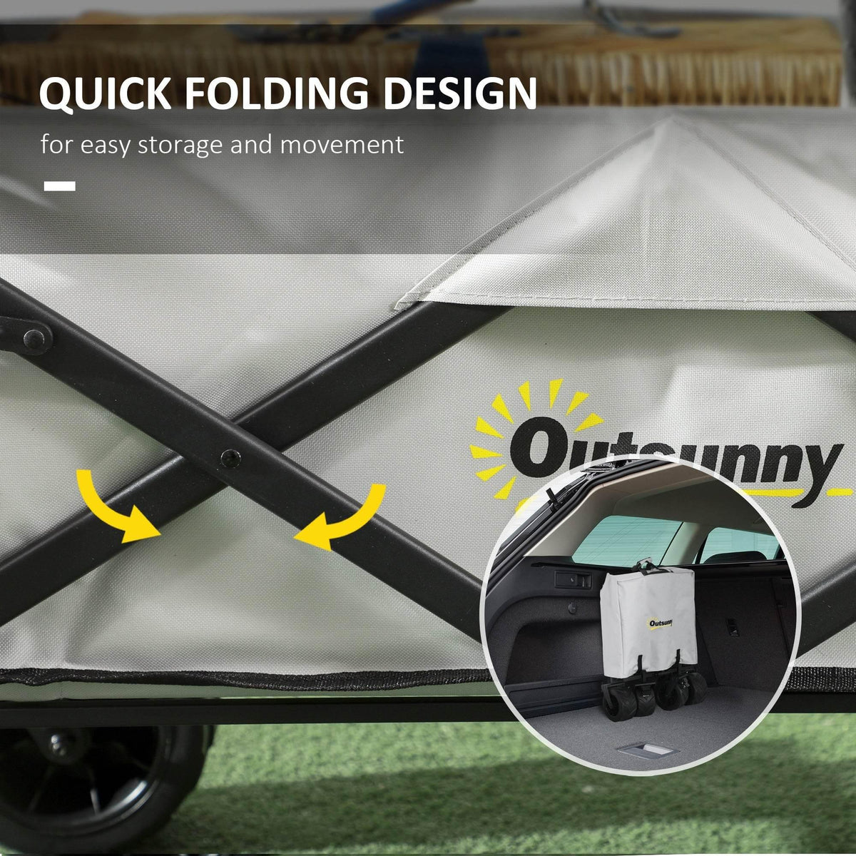 Folded metal cross-frame and canopy fabric joint on a grey beach wagon.