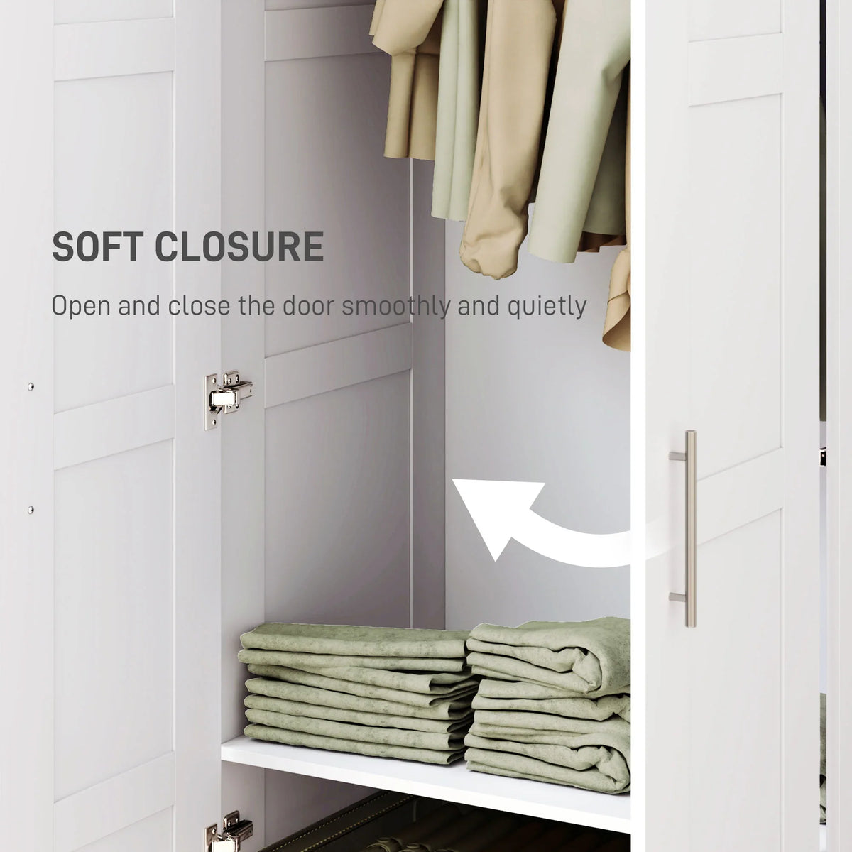 White wardrobe with soft-close doors and stacked folded blankets inside