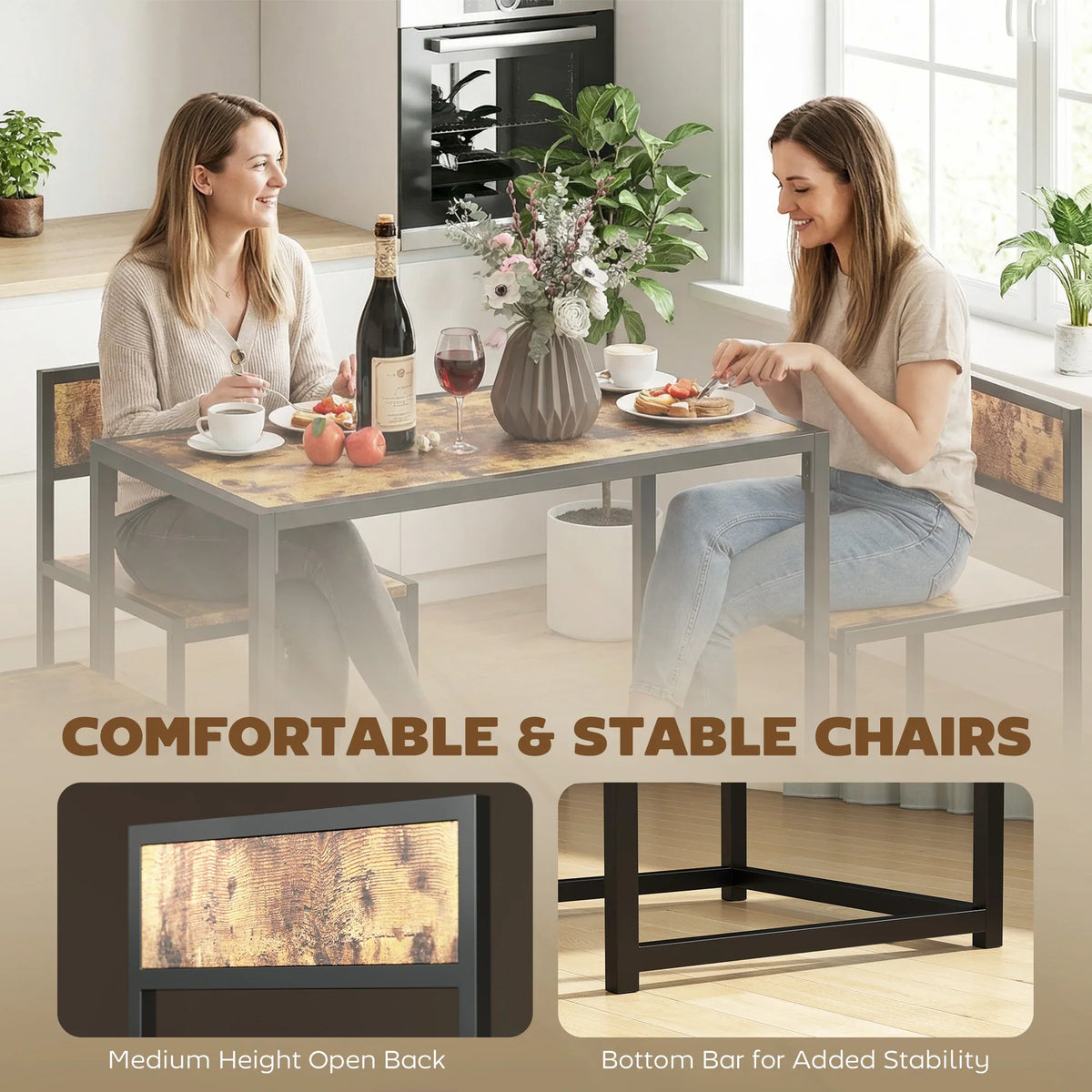 Dining table with two open-back stools in rustic brown with black steel frame