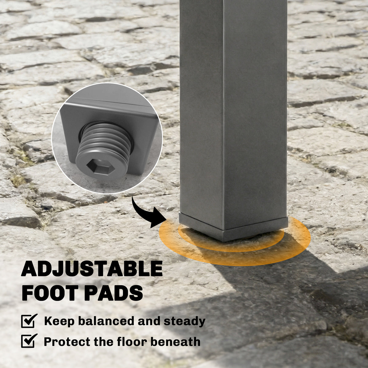Adjustable foot pads on grey table legs, designed to keep the table steady
