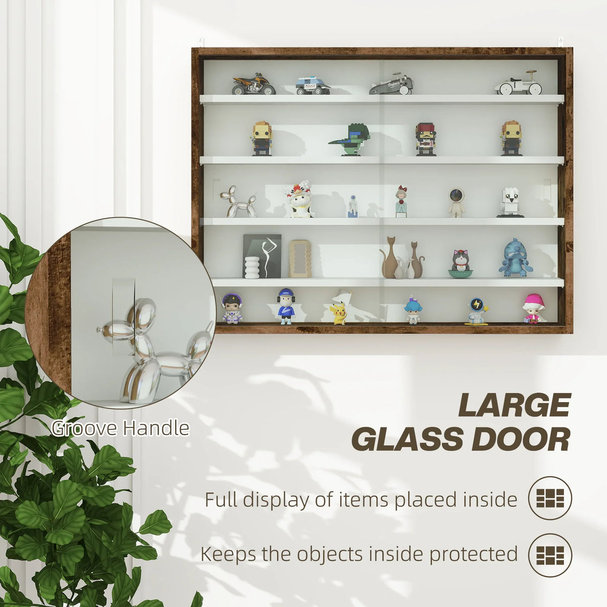 Wall display cabinet with glass door, groove handle, and white interior shelves