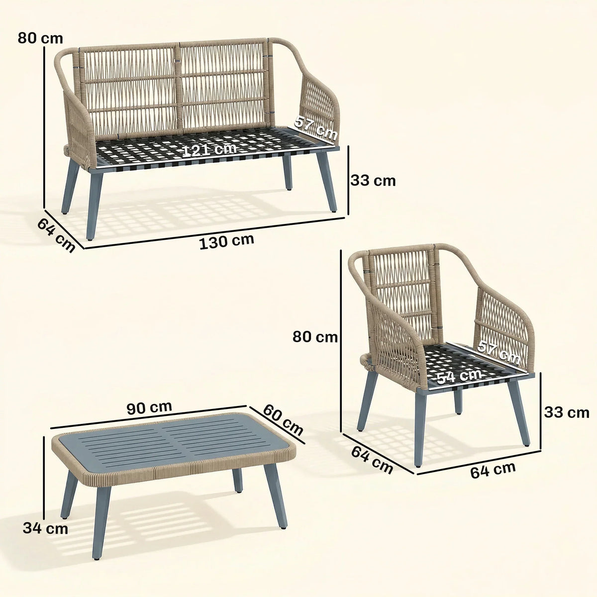 Grey rattan loveseat, armchairs, and coffee table shown with product dimensions