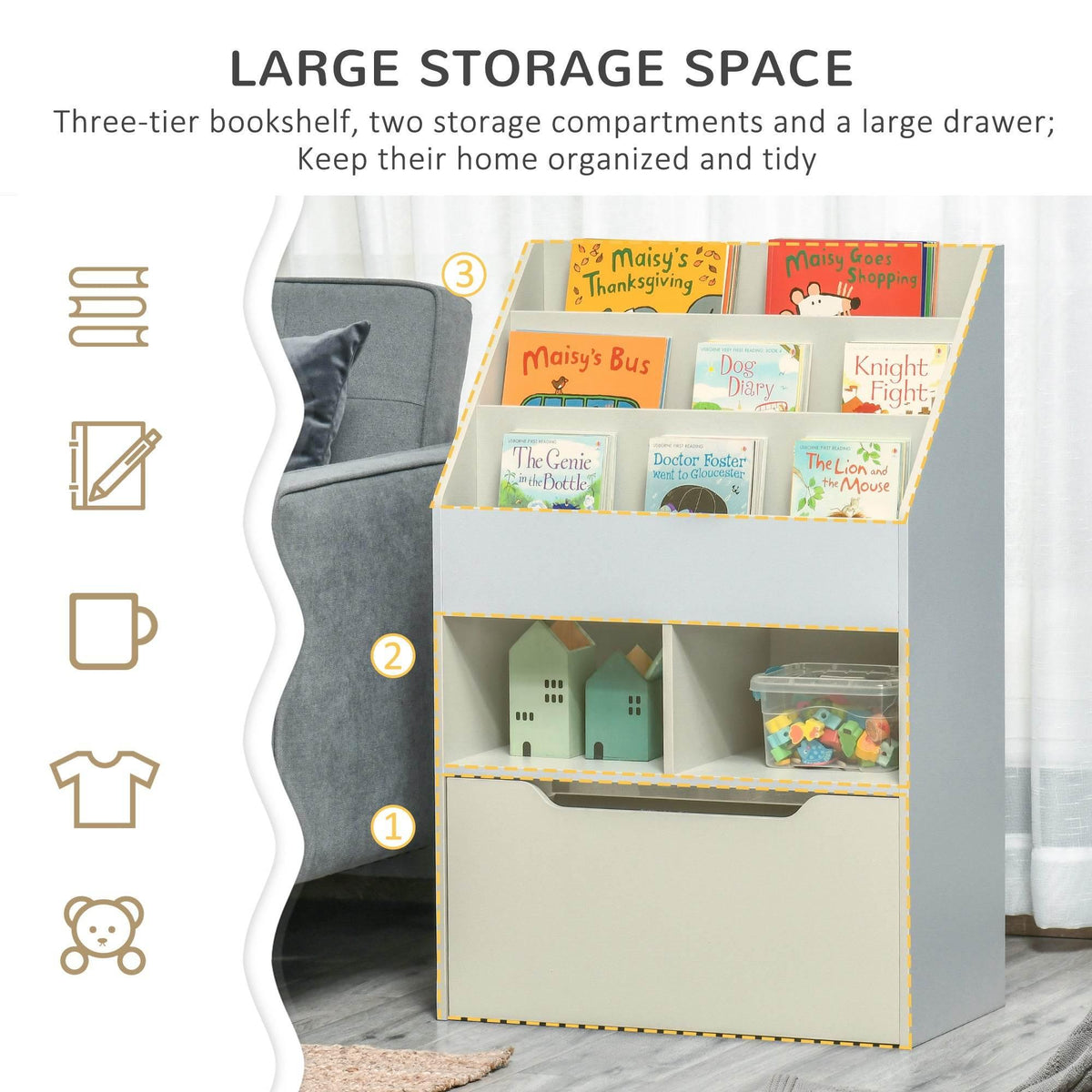 Kids bookcase with three-tier open storage and two lower cabinet doors, grey