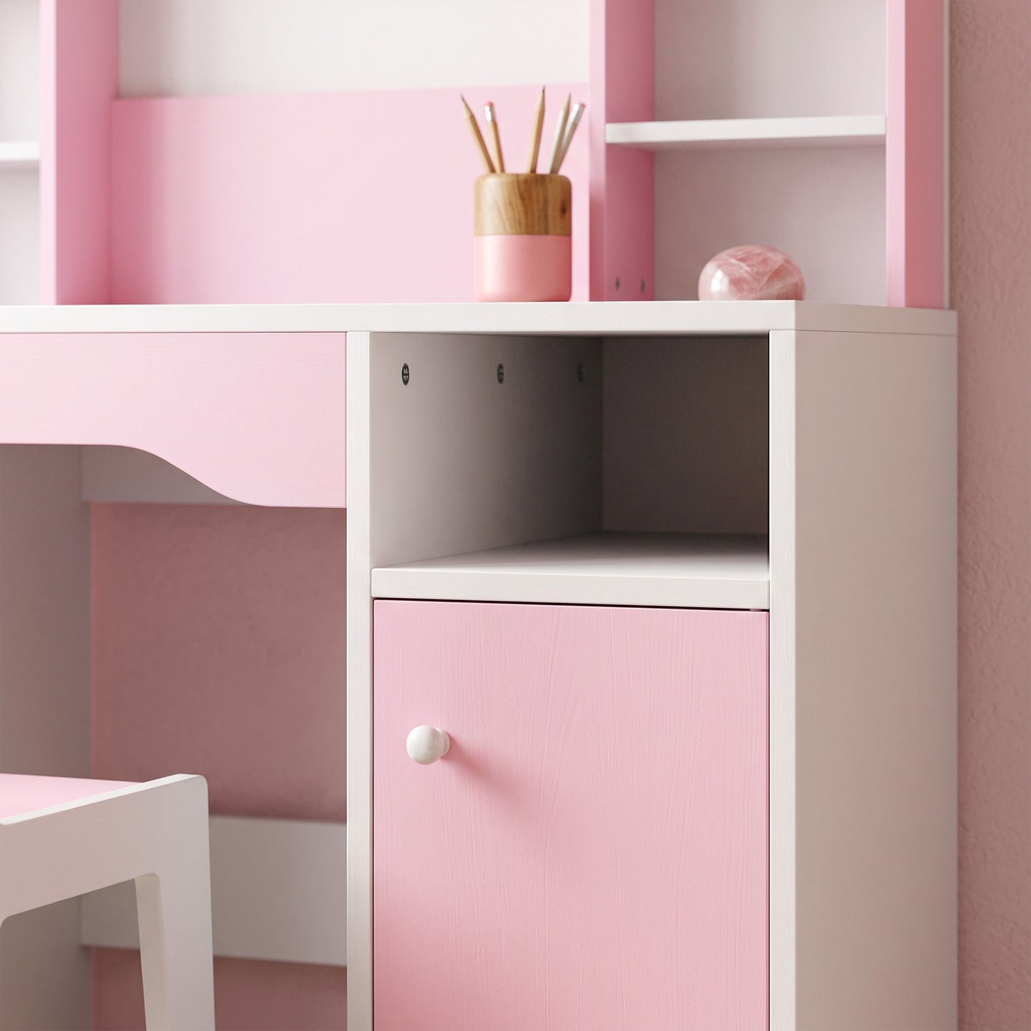 AIYAPLAY Kids Vanity Set Pink With Lighted Mirror And Storage Stool