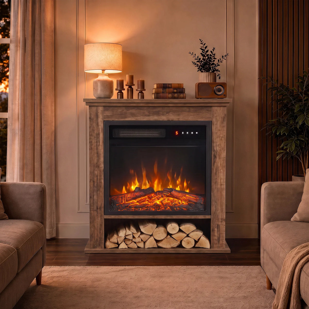 Oak electric fireplace suite with glowing LED flames and open log shelf centered in room