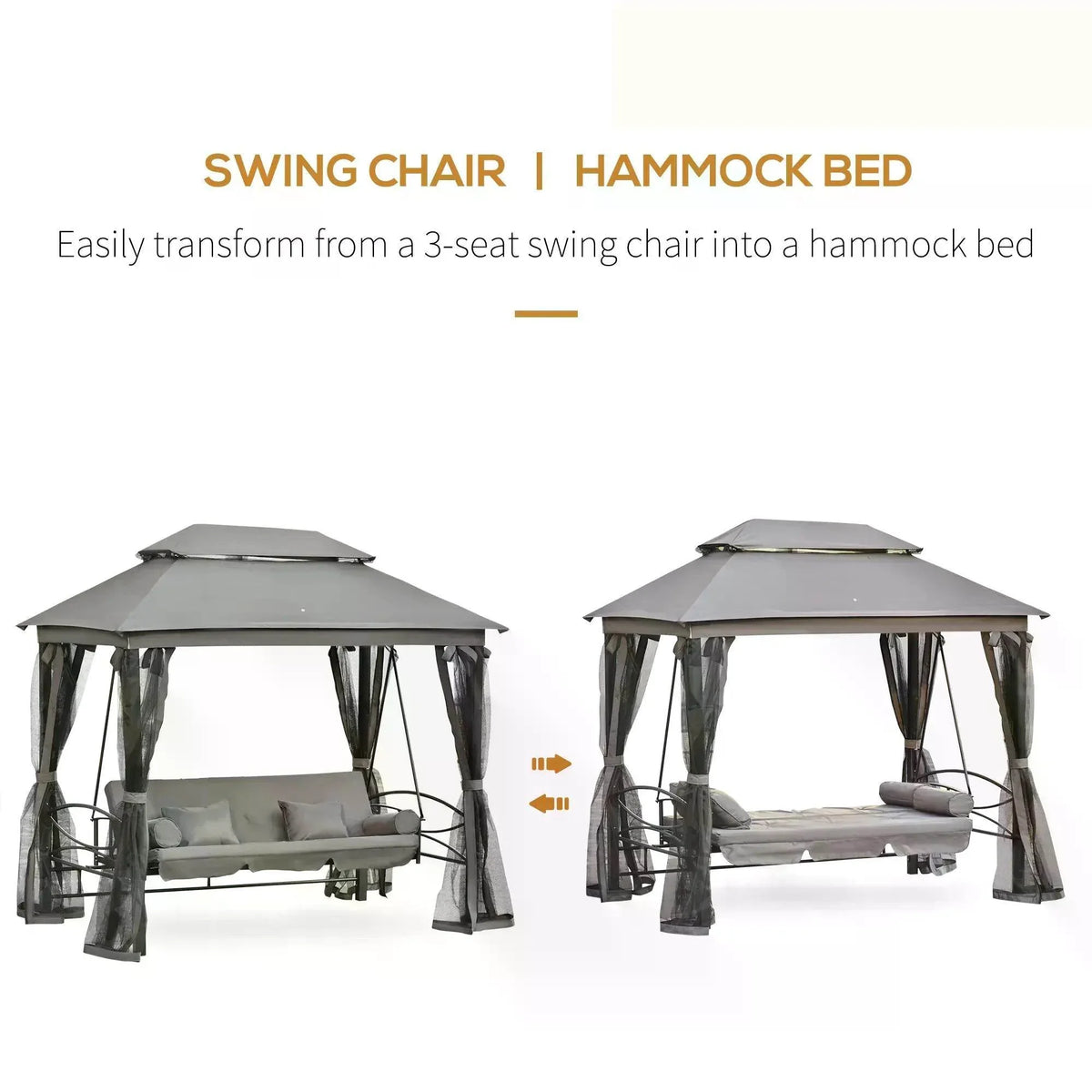 Grey outdoor swing bed with canopy, shown in two configurations with mesh curtains