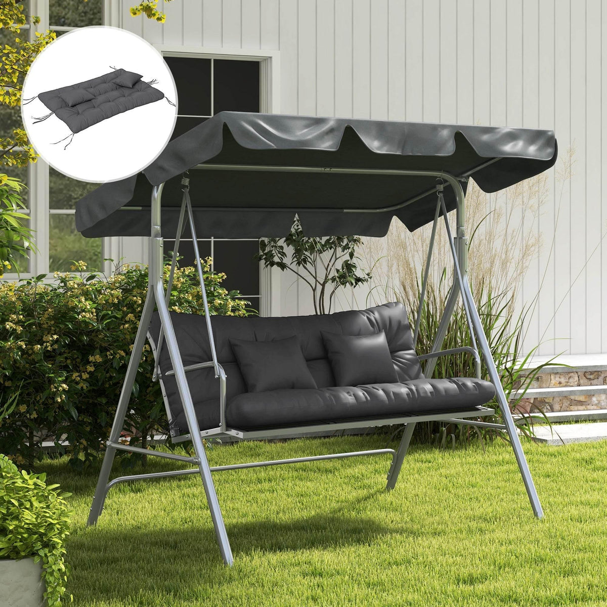 Charcoal grey outdoor swing chair cushion set with back and seat pads