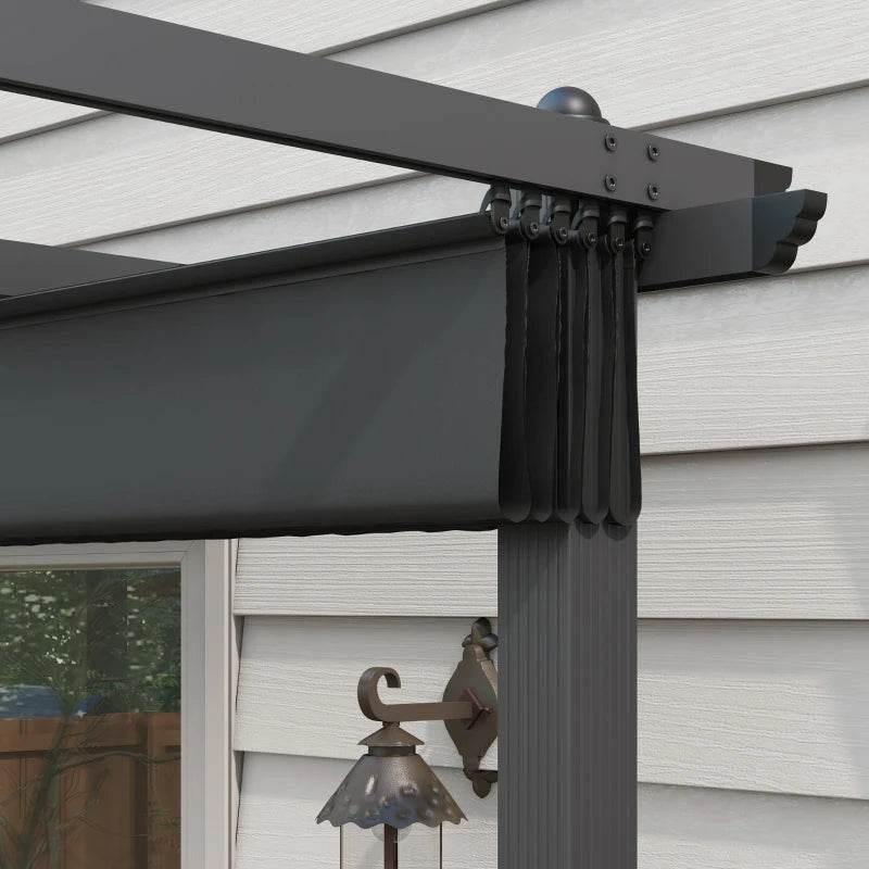 Dark grey pergola corner with roof beam and retractable canopy fabric