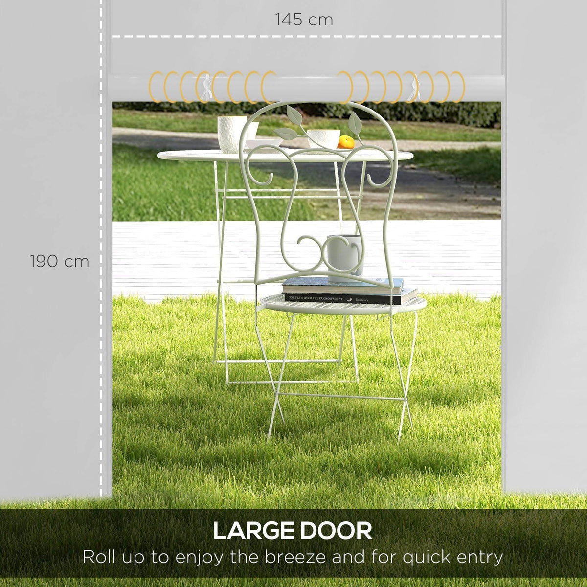 White gazebo side panel with large roll-up door opening for quick entry