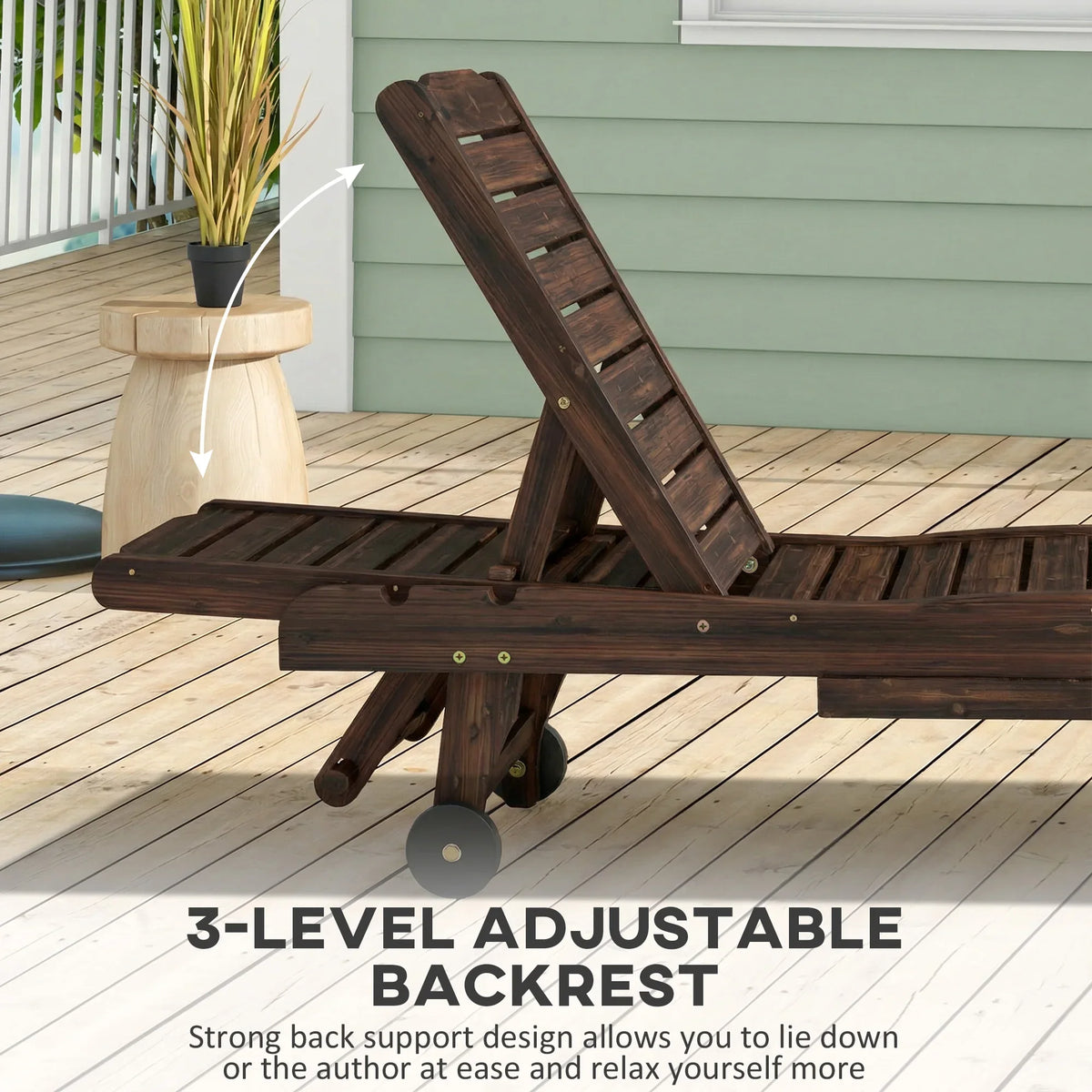 Dark brown wooden sun lounger with three-level adjustable backrest and caster wheels