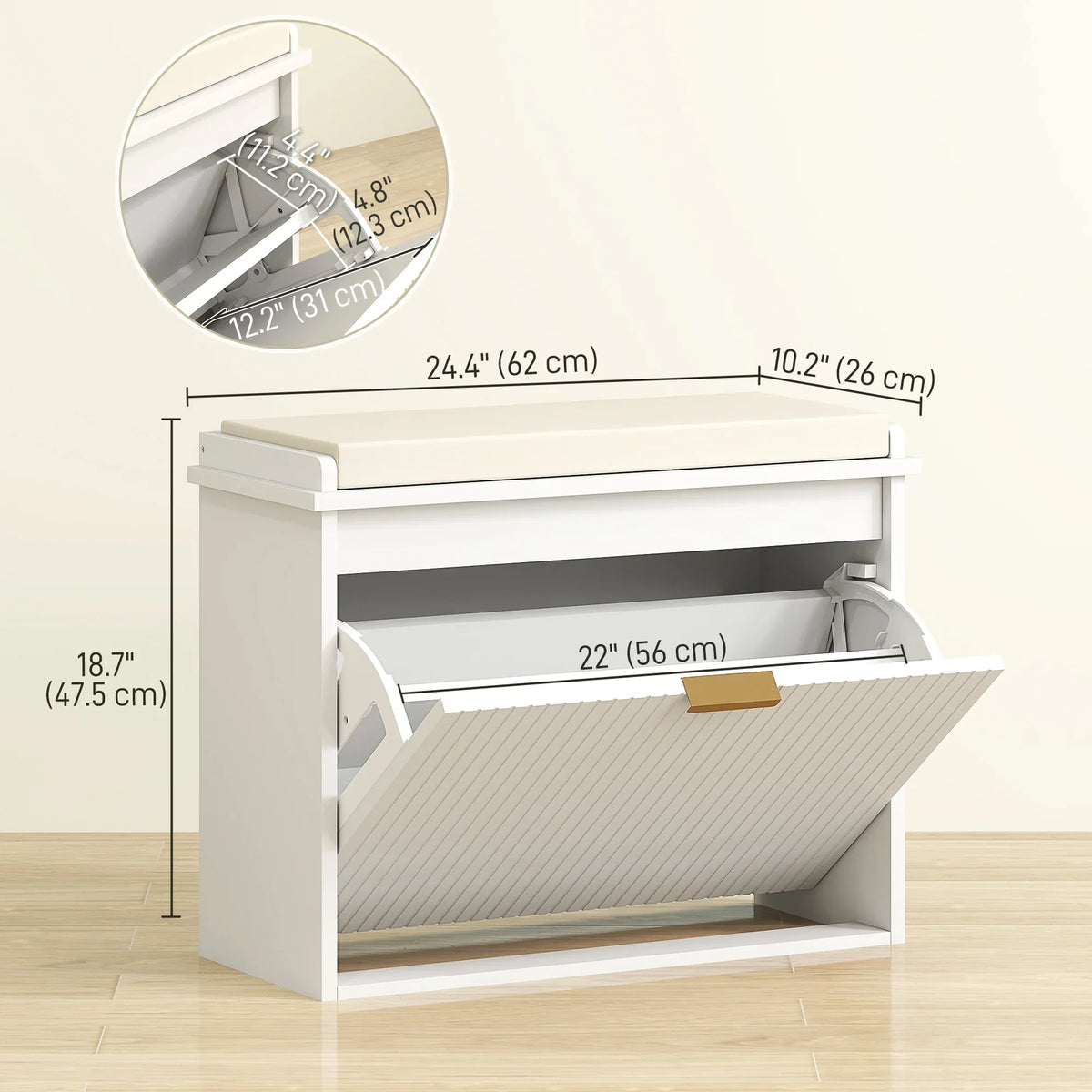 White shoe bench with open front flip drawer and interior shoe storage compartment