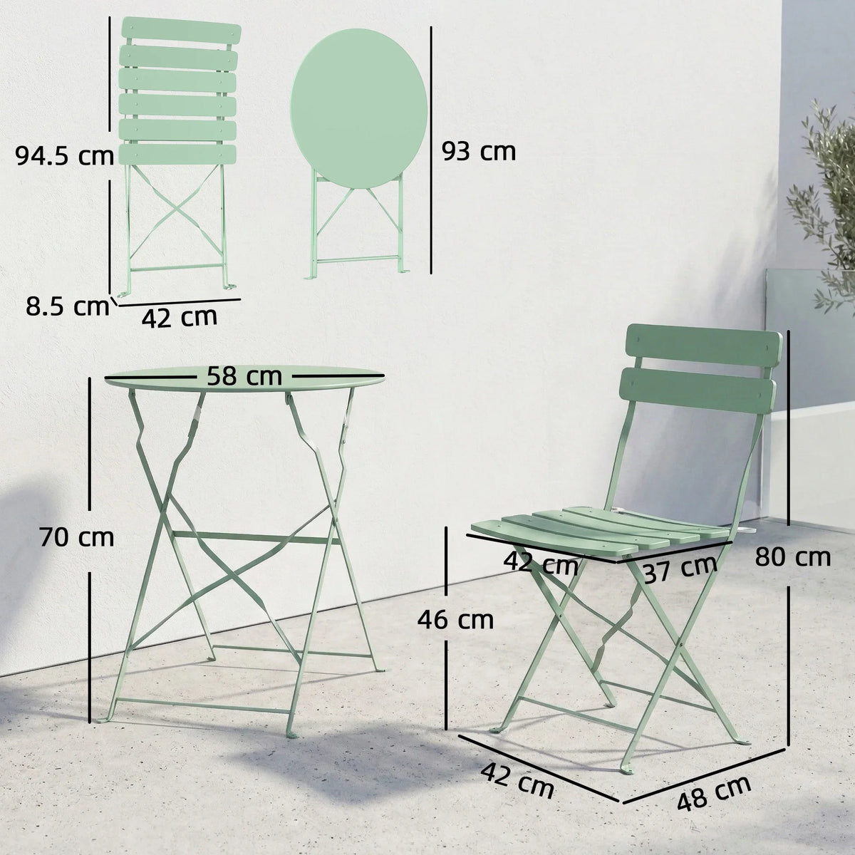 Light green folding bistro set with round table and two chairs, size diagram