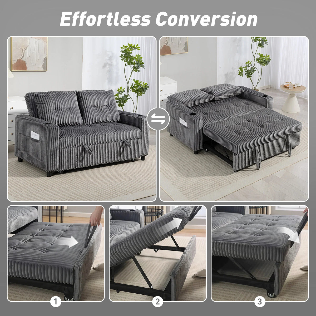 Charcoal grey corduroy sofa bed showing sofa and pulled-out bed configurations