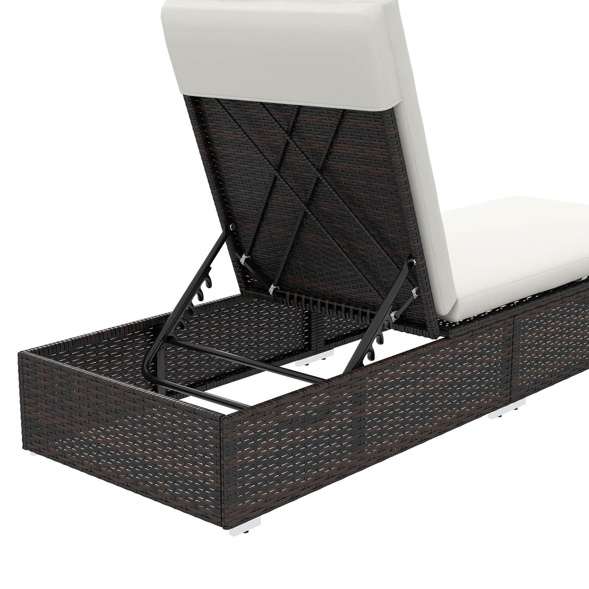 Rattan sun lounger frame with cream cushion and open recline mechanism, dark brown