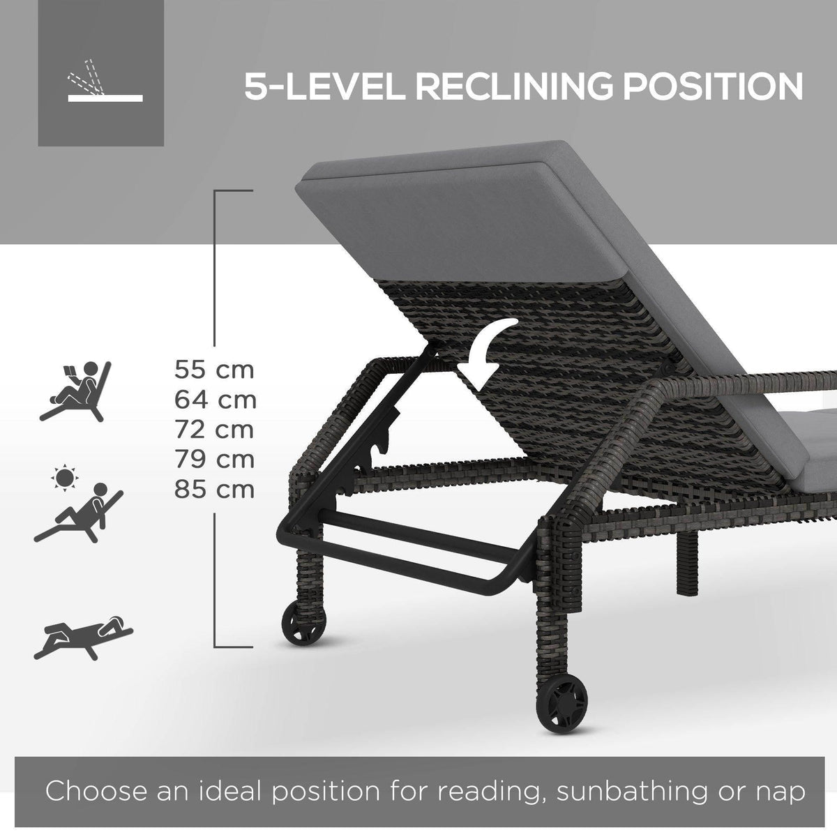 5-level reclining rattan chaise lounger with gray cushion and dark wicker frame on wheels