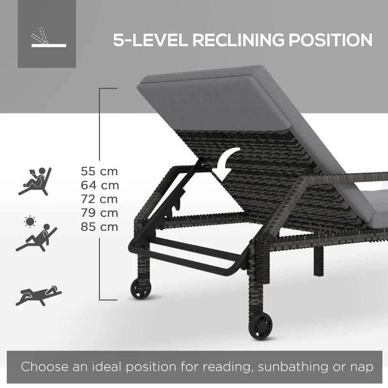 Reclining rattan chaise lounge with gray cushion and two rear wheels