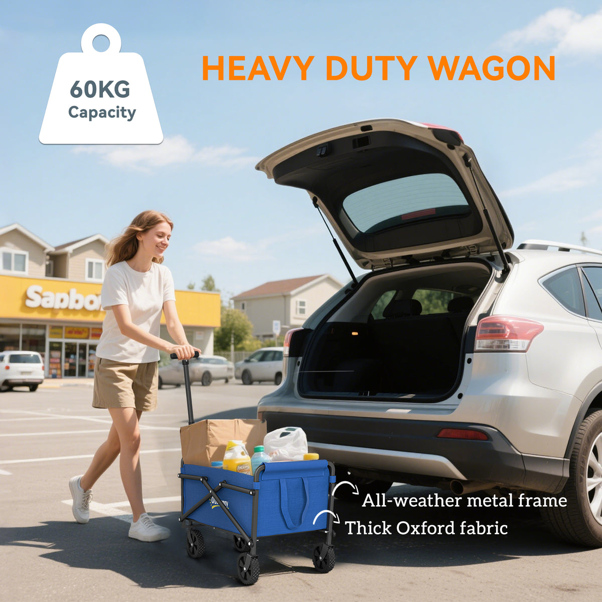 Blue heavy-duty collapsible wagon in car trunk with thick fabric and metal frame