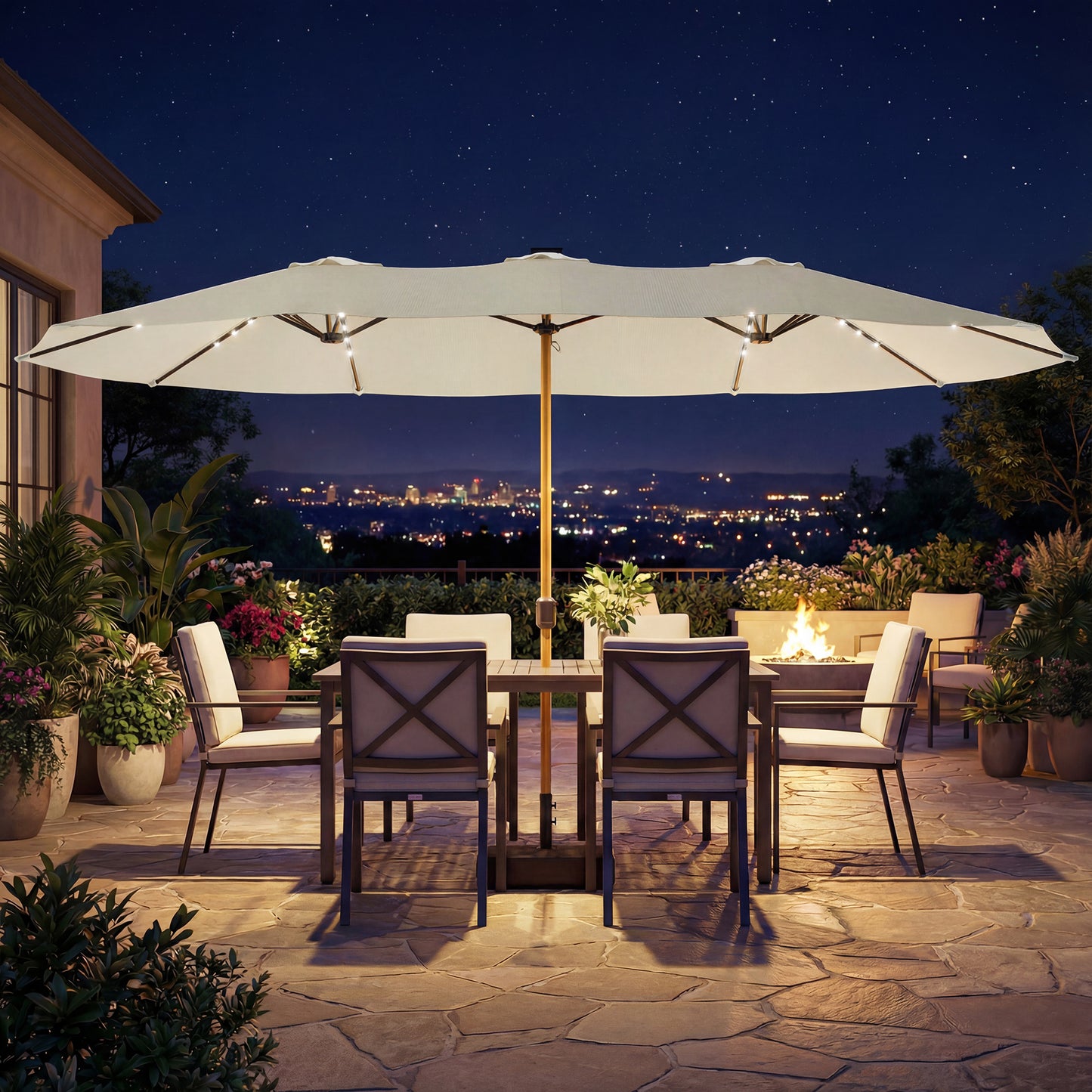 Outsunny Double Sided Garden Parasol With Crank Handle Base Included And 48 Solar LED Lights 4.6m Cream Patio Umbrella