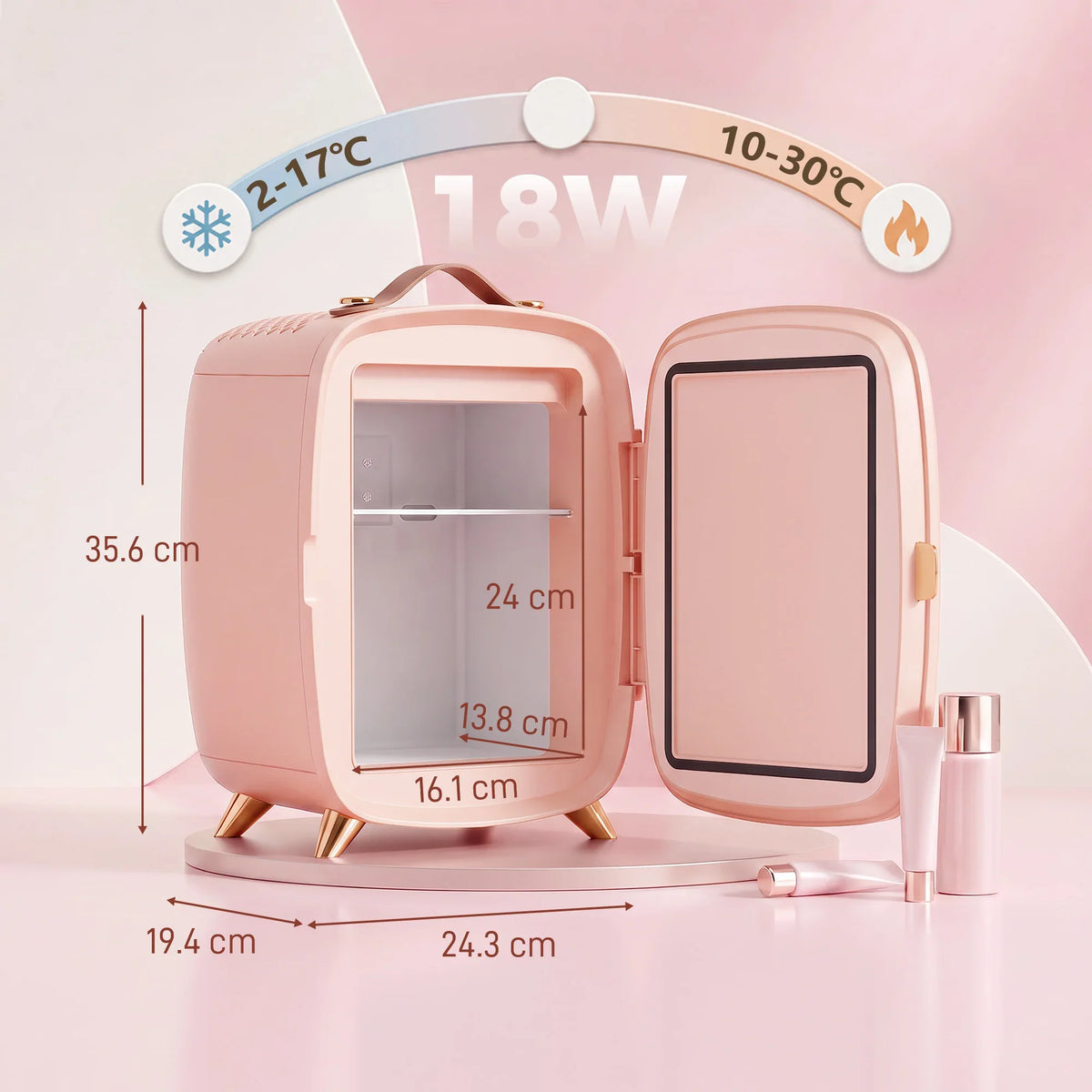 Pink mini fridge with open door and control panel showing temperature range