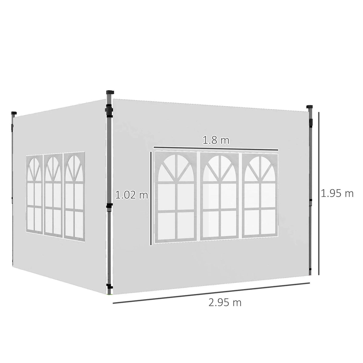 White 3-panel gazebo side panel design with window openings and labeled dimensions