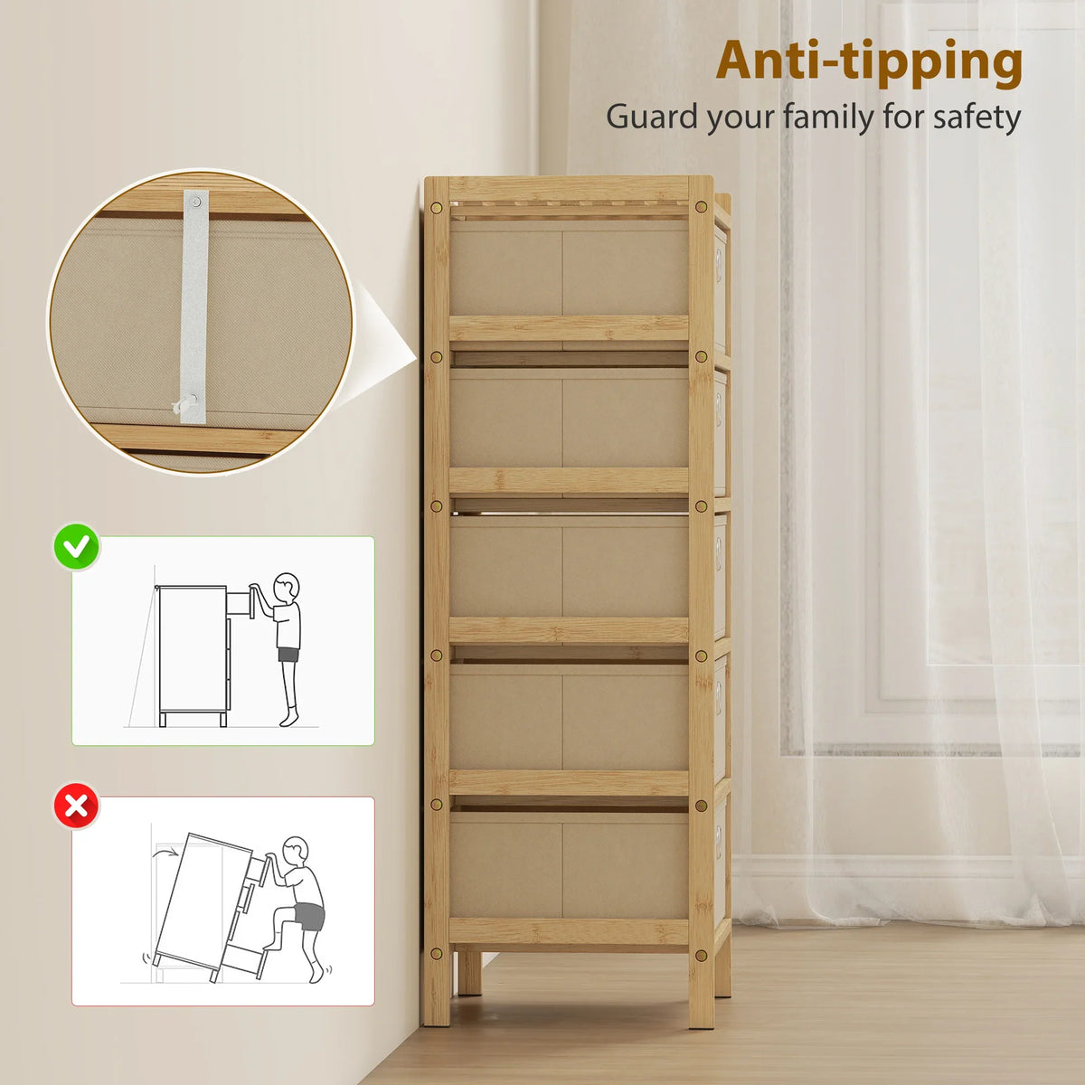 Anti-tipping five-drawer dresser with bamboo frame and safety mounting brackets.