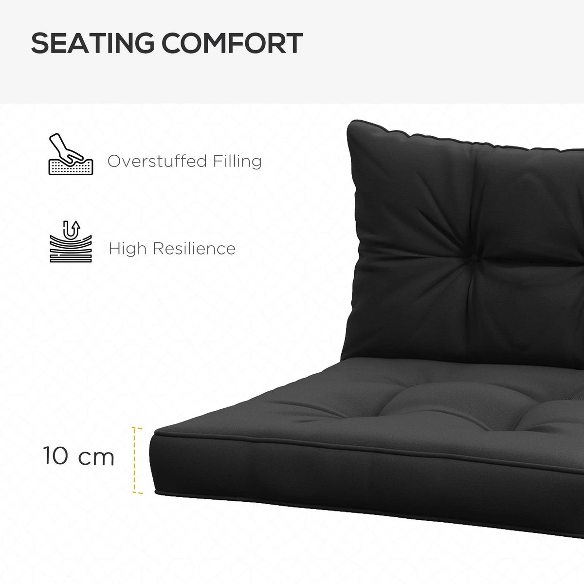 Black cushion with overstuffed, quilted tufted panels for seat and back support