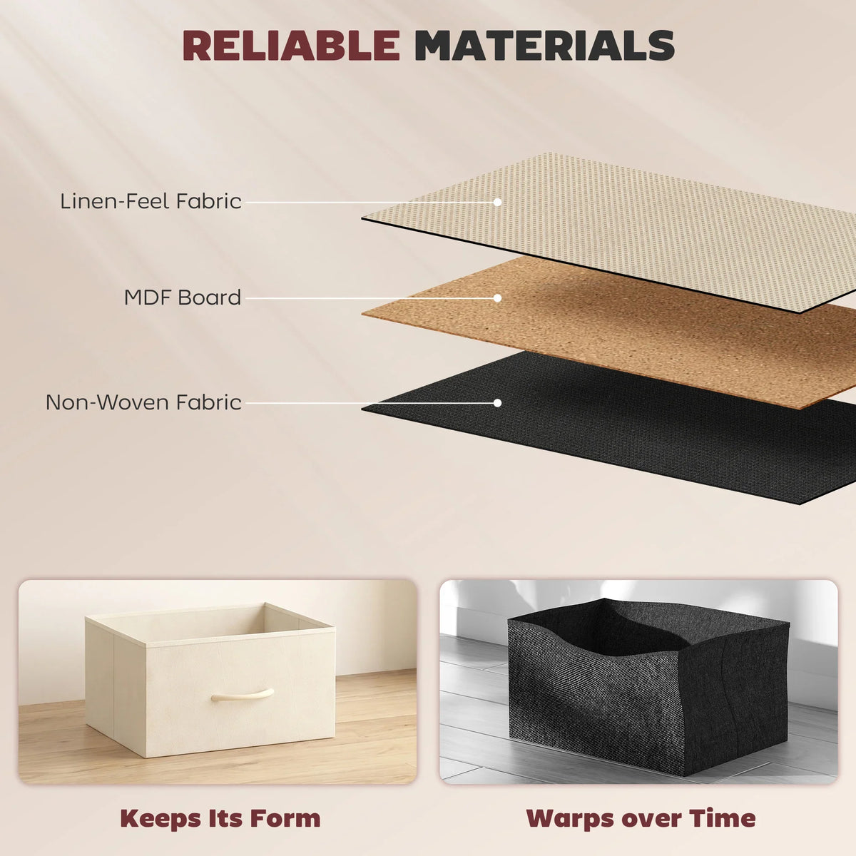 Beige fabric chest of drawers with linen-feel outer fabric and non-woven lining
